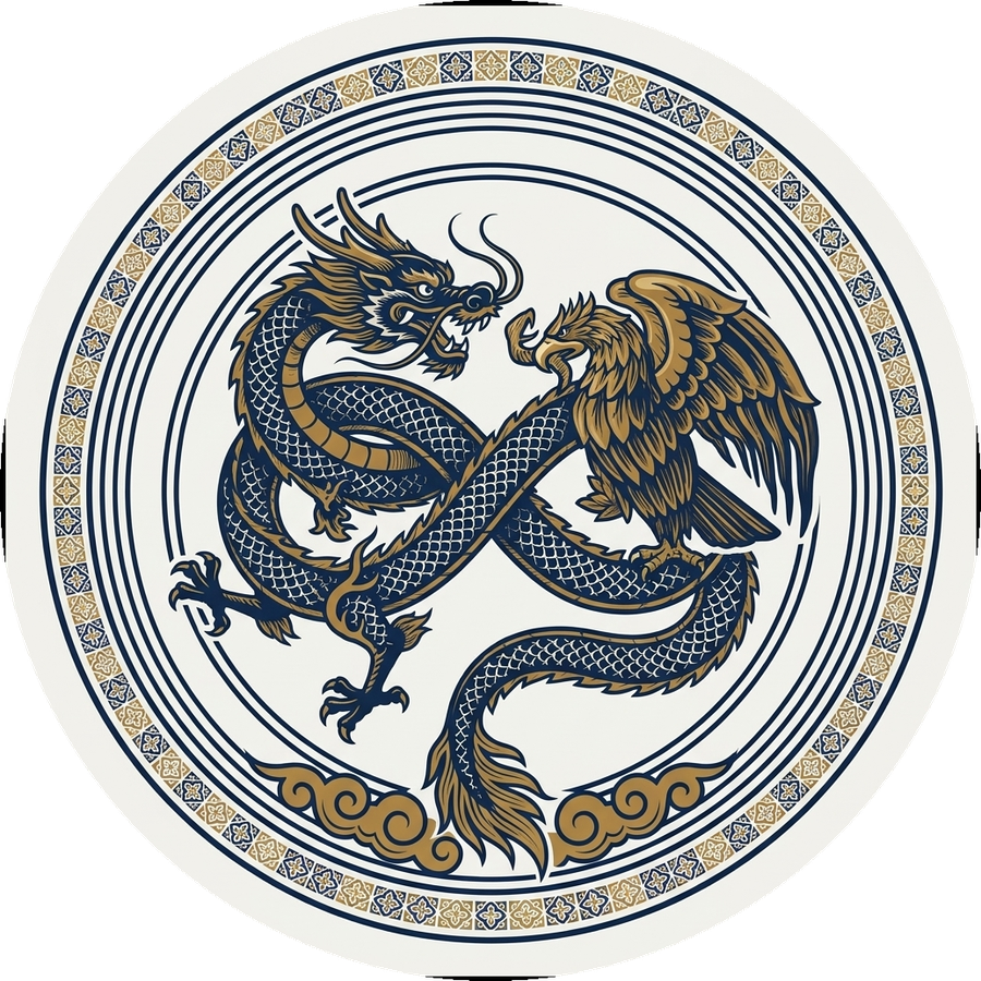Sello institucional CEVICHIM: dragón chino y águila real mexicana entrelazados en símbolo de infinito, orlados con cenefa de talavera y voluta de nube.